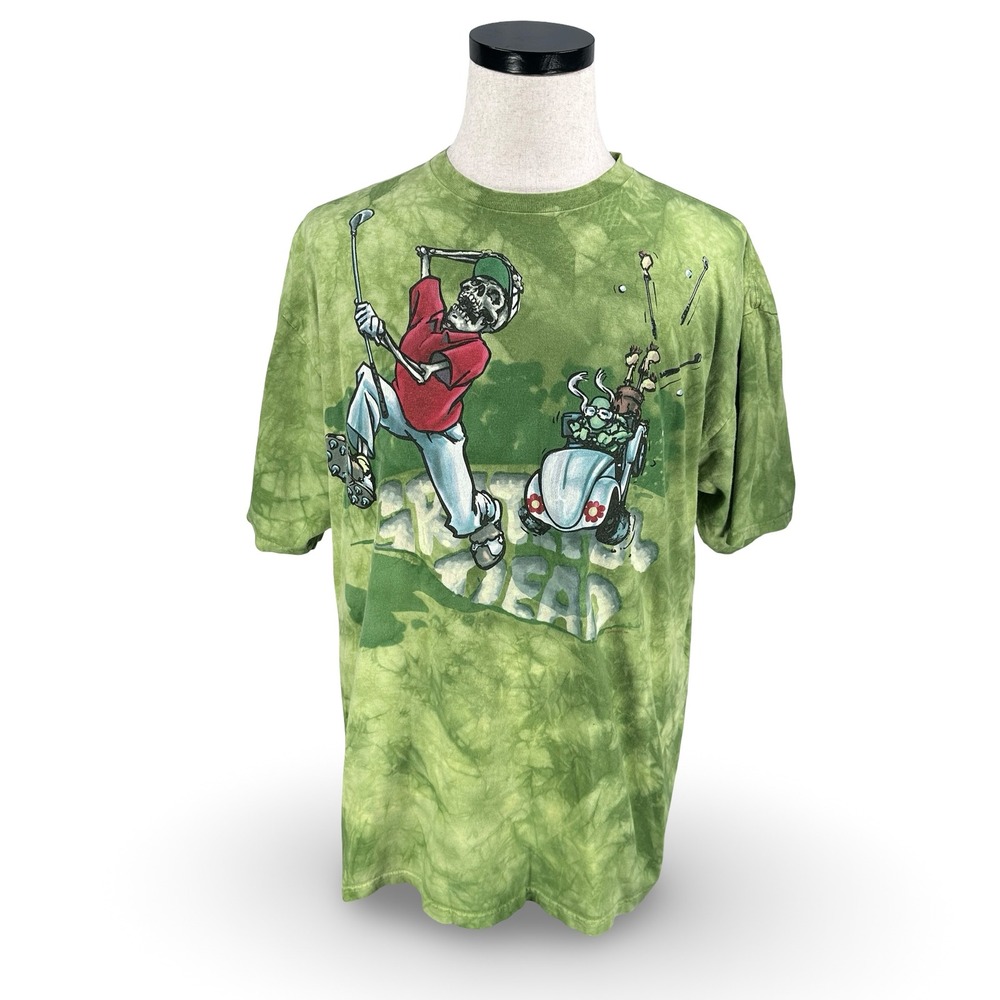Vintage 2000 Grateful Dead Golf Skeleton Tie Dye T-Shirt Green Gray Liquid Blue